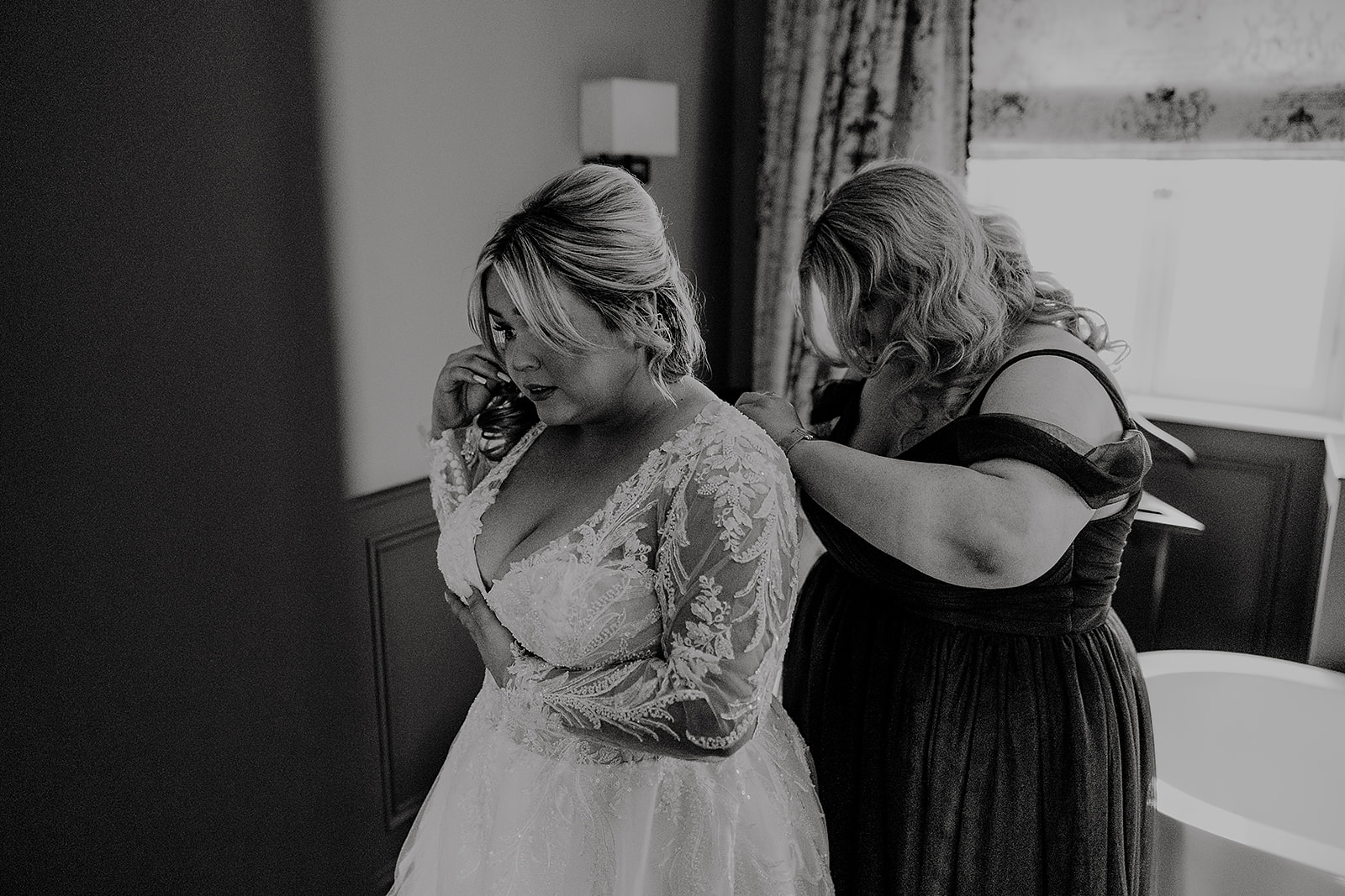 Jessica having the finishing touches made to her wedding dress at Markree Castle