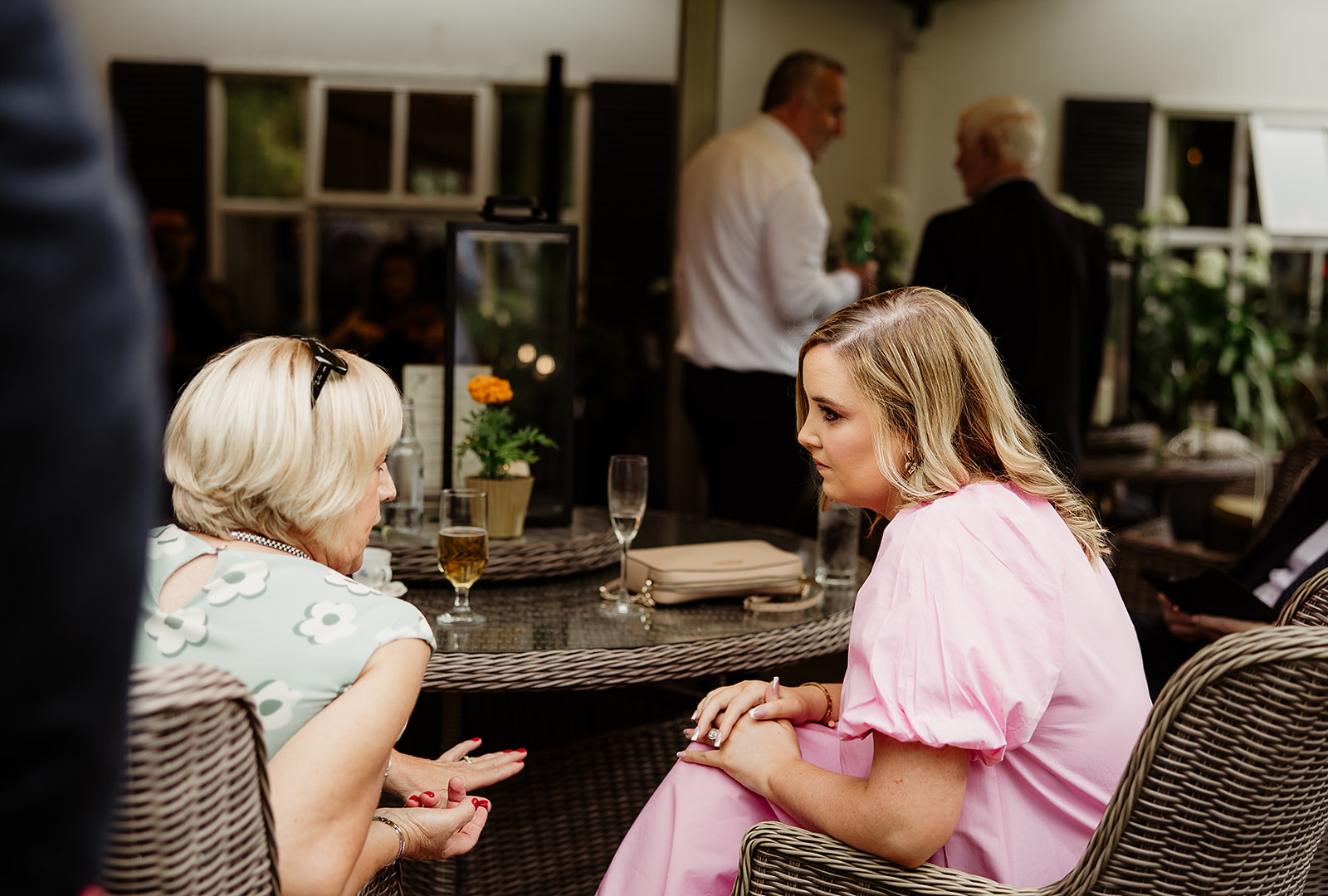 Guests catching up during Jennie and James’s drinks reception at the Station House Hotel