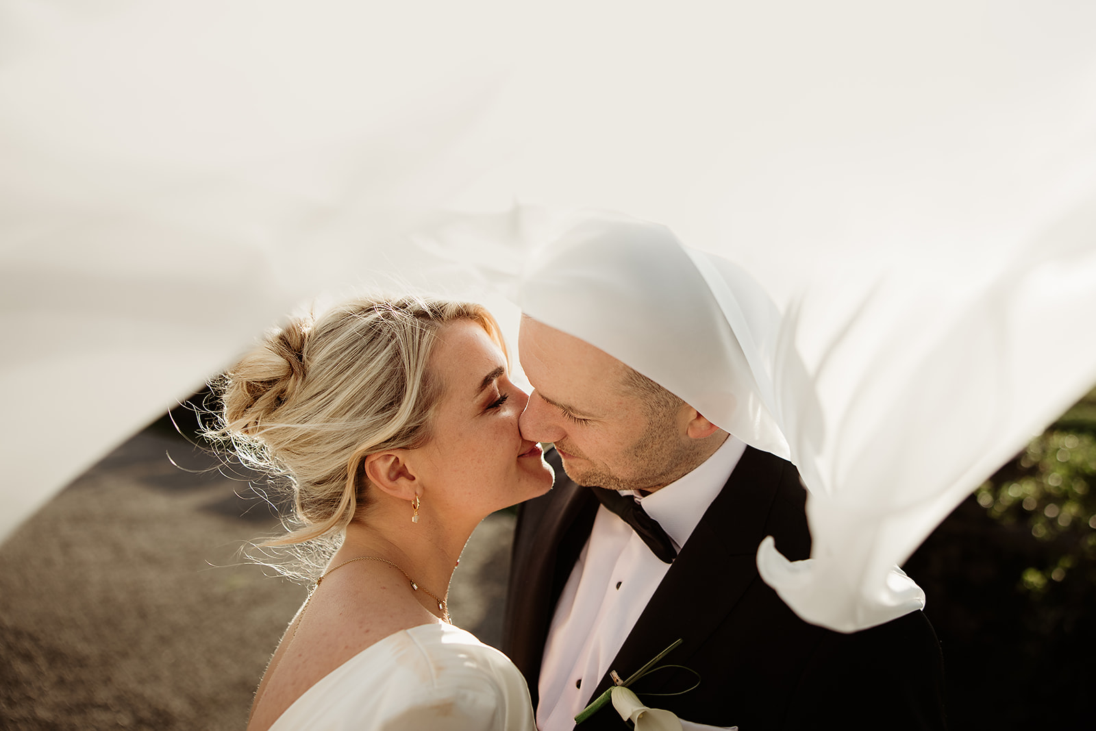 Jordan and Ian sharing a kiss beneath her veil at Markree Castle